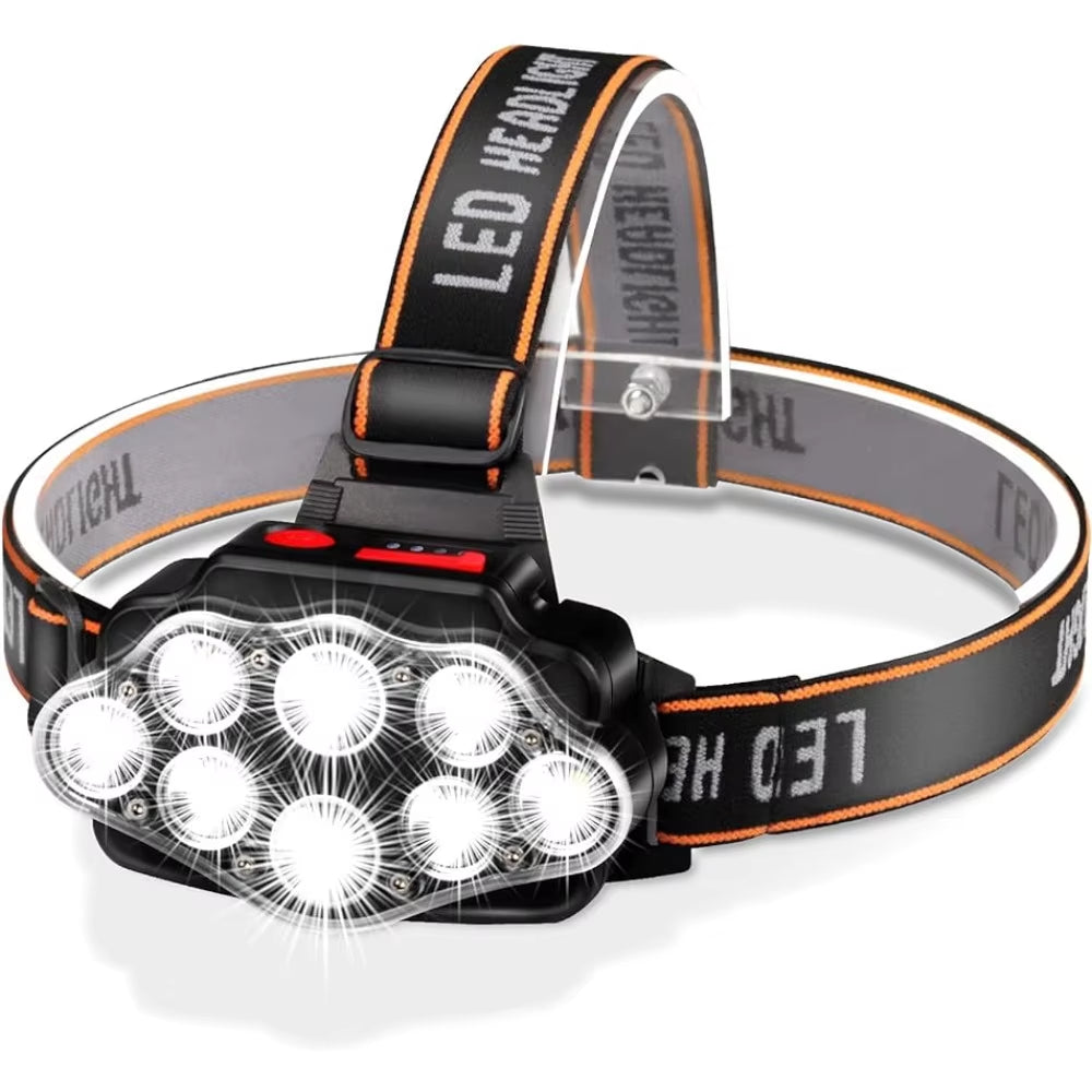 Rechargeable LED Headlamp - 8 Bright LEDs, Waterproof, USB Charging